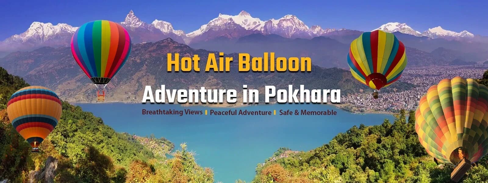 Colorful hot air balloon soaring above the Pokhara city in Nepal